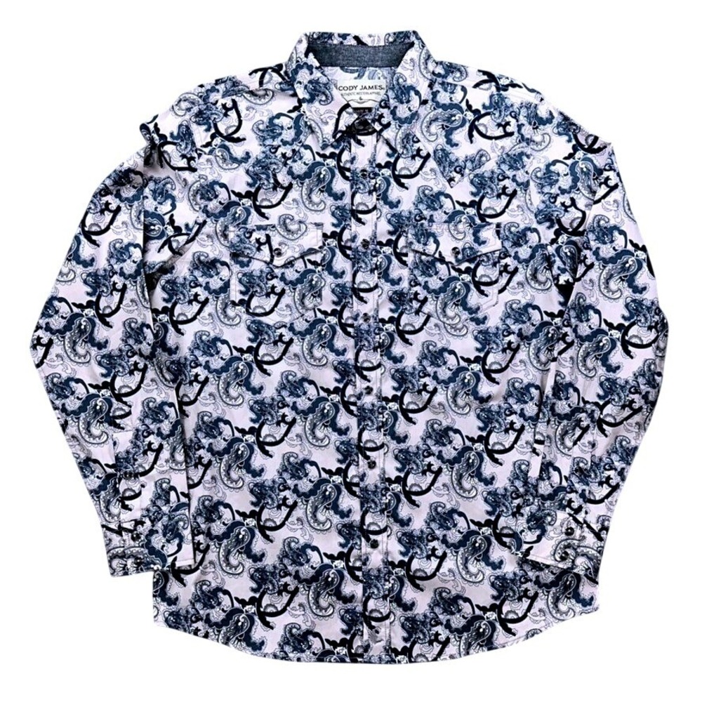 Cody James Western Shirt Mens M White Navy Paisley Pearl Snap Long Sleeve Cotton
